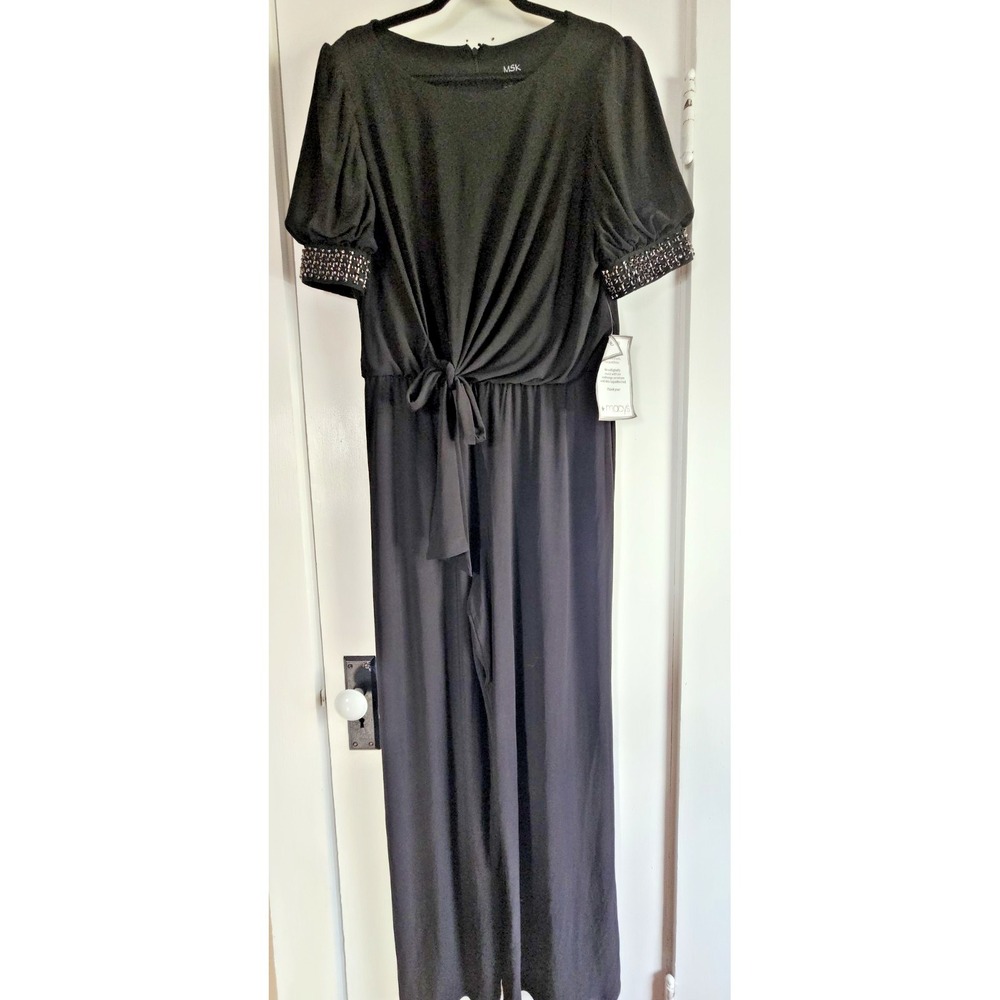 NWT MSK jumpsuit embellished short sleeves tie waist black woman XL